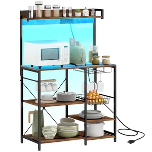 HOMCOM Bakers Racks with Power Outlet and LED Lights, Coffee Bar Table for Kitchens with Storage, Microwave Stand, Kitchen Storage Shelf Rack with Multiple Shelves