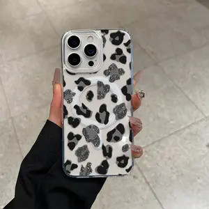 Fashionable leopard print pattern phone case, acrylic transparent magnetic soft case, suitable for iPhone 17 Air Pro Max 16 15 14 13 12 11 X,Samsung S25 S24 S23 S22,anti drop phone case, lightweight and durable, supports wireless charging