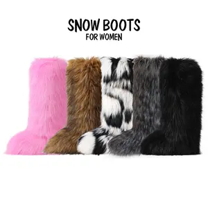 CELNEPHO Winter Boots for Women Round Toe Faux Fur Boots Furry Fluffy Flat Heel Knee High Boots Warm Comfortable Easy Pull on for Snow Skating Outdoor Party Dress Shoes