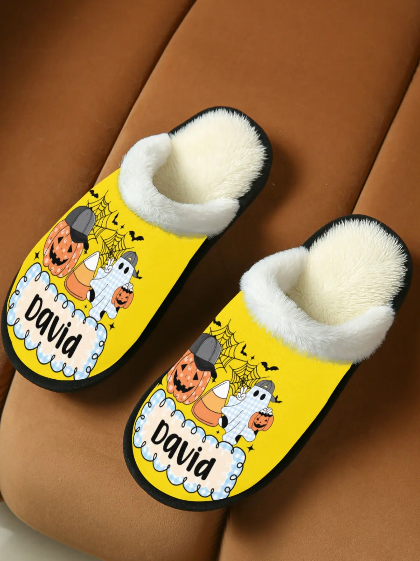 Halloween Custom Name David Pumpkin Ghost Home Plush Slippers 1 Pair, Cute Festive Custom Style, Faux Fur Lining + Fleece Warmth + Non-Slip Sole, Halloween Enthusiasts, Custom Lovers & Home Lovers for Home Foot Warmth + Stylish Outfits, Autumn & Winter Mu
