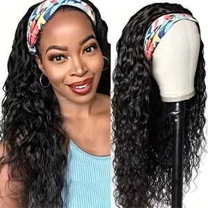 [Bling Hair] Deep Wave Headband Wig Human Hair 12inch None Lace Front Wigs Brazilian Virgin Hair Machine Made Wigs Glueless Deep Curly Wave Headband Half Wigs for Black Women Human Hair Natural Color