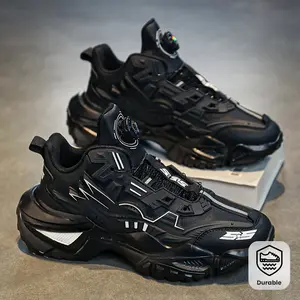 BIGWIG Men's Stylish Black Chunky Sneakers - Durable, non-slip mecha style dad shoes with swivel buckle, breathable fabric lining, all season comfort, perfect for sports and outdoor activities