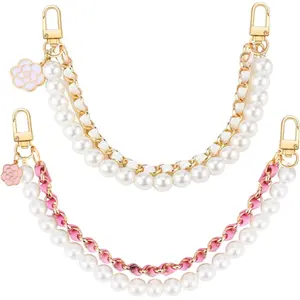 2Pcs Gold & Pink Purse Extender Chain with Floral Pearl Strap, Crossbody Bag Strap Replacement & Handbag Charms for Women Tote Bags
