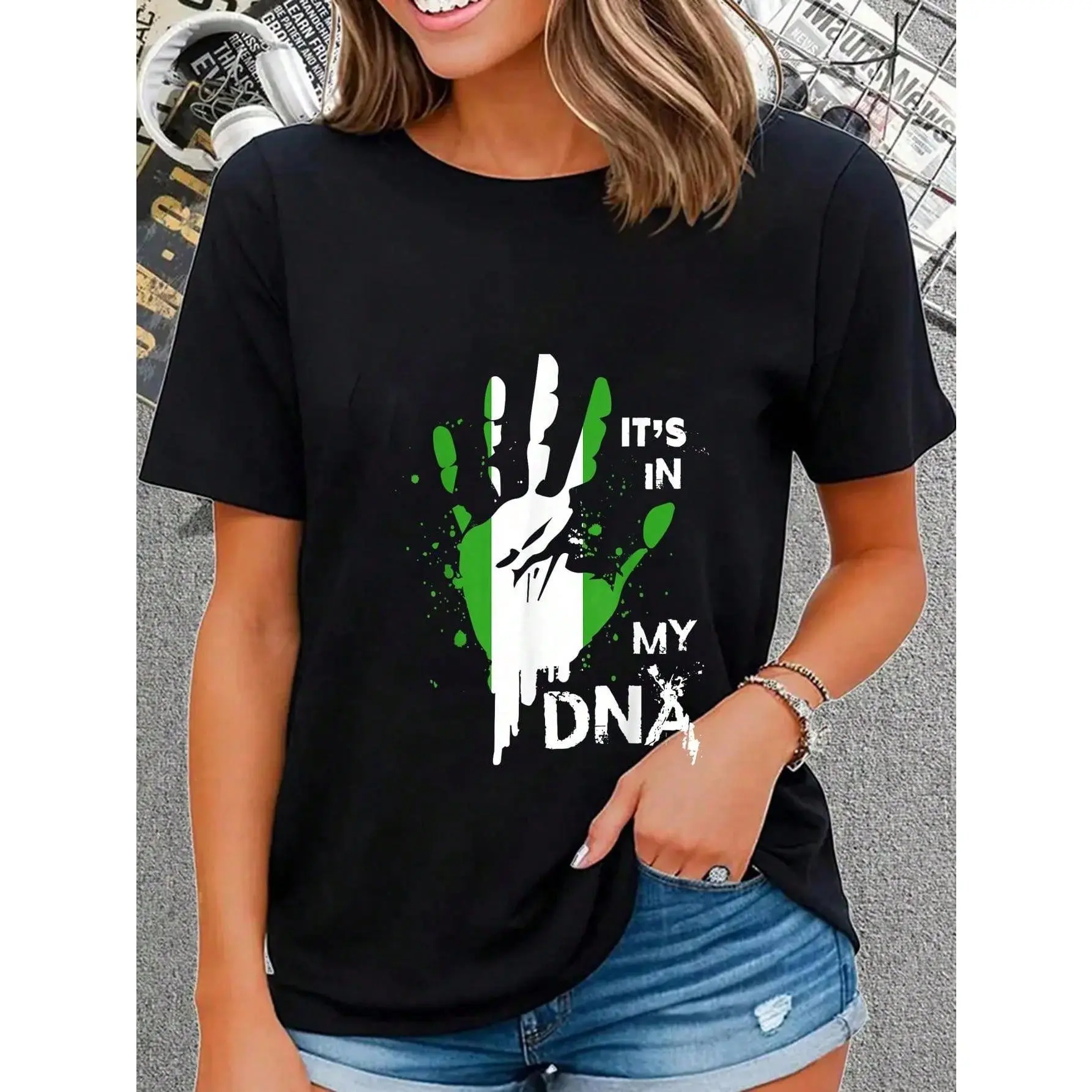 100% Cotton Nigeria IT'S IN MY DNA Shirt Nigerian Flag Proud Fingerprint T-Shirt Casual Short Sleeve Shirt Summer, Cotton, Casual, Short Sleeve, Graphic Tee, Soft, Breathable, Loose Fit, Streetwear, Daily Wear, T-Shirtt