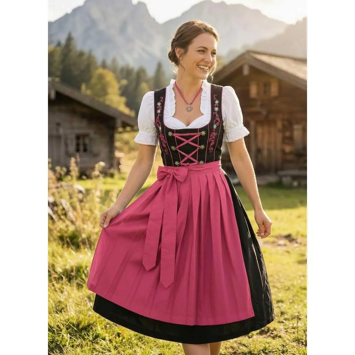 Traditional German Oktoberfest 3 Piece Black Dirndl Dress Set with Pink Apron and Traditional White Crop Top Blouse