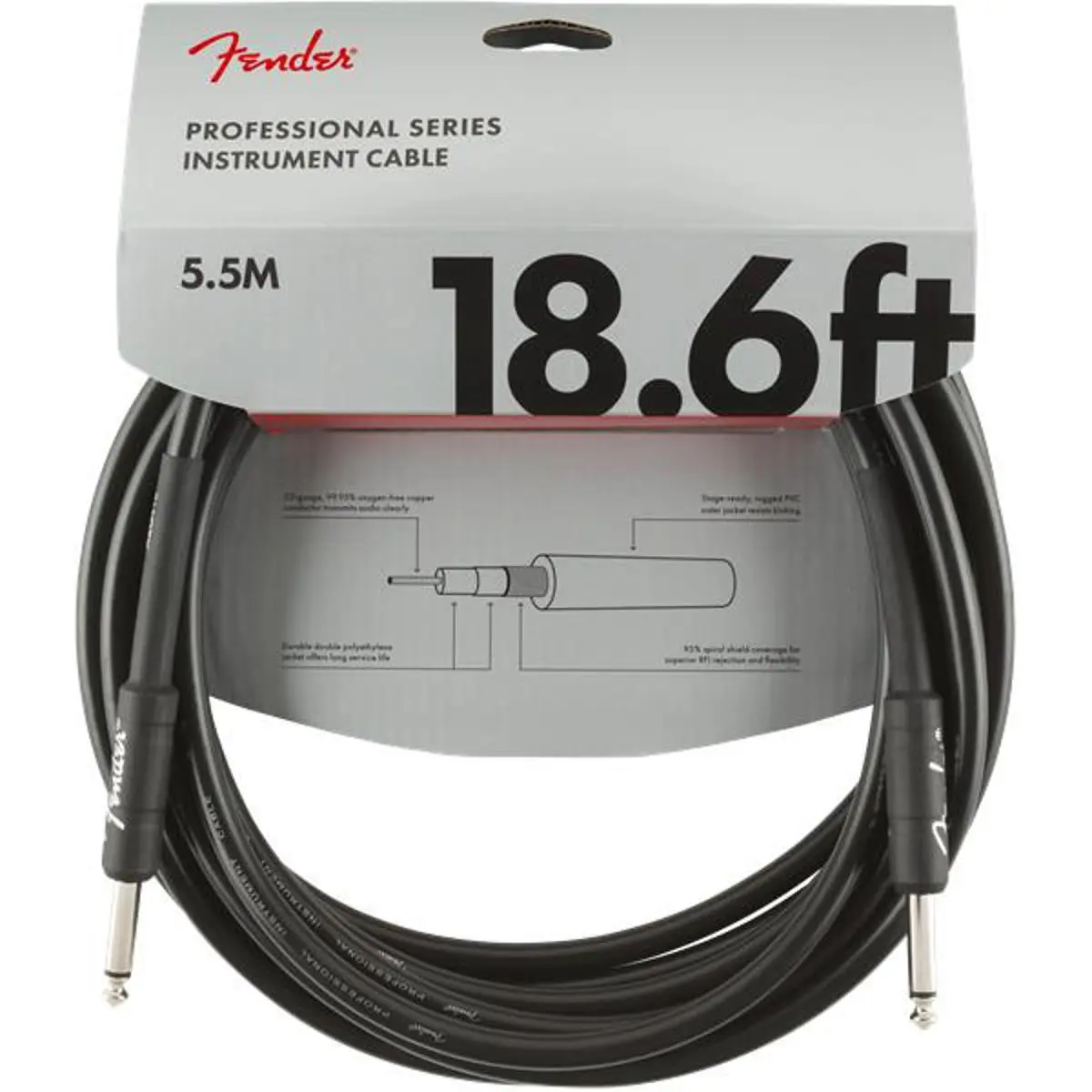 Fender Professional Series Thick Gauge Instrument Cable - 18.6ft, Straight-Straight Connectors, Black Audio Cable for Electronic Instruments