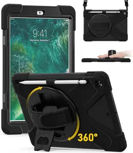 Case for iPad 6th/5th Generation,iPad 9.7 2018/2017 Case-Heavy Duty Shockproof Rugged with Pencil Holder, Strap & Rotating Hand Strap/Stand for iPad 6th Gen A1893/A1954/A1822-Black