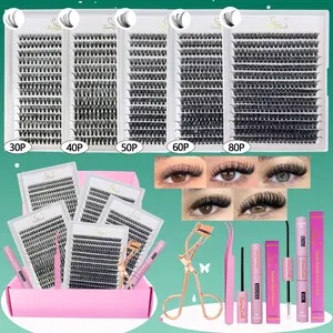 Natural Look Cluster Lash Extensions Kit Synthetic Eyelash Set, 5 Boxes 30P 40P 50P 60P 80P Individual False Eyelashes with Glue & Tweezers & Glue Remover & Brush, D Curl 9-16mm Diy Cluster Lashes, Professional Eye Accessories, High Quality Eyelashes