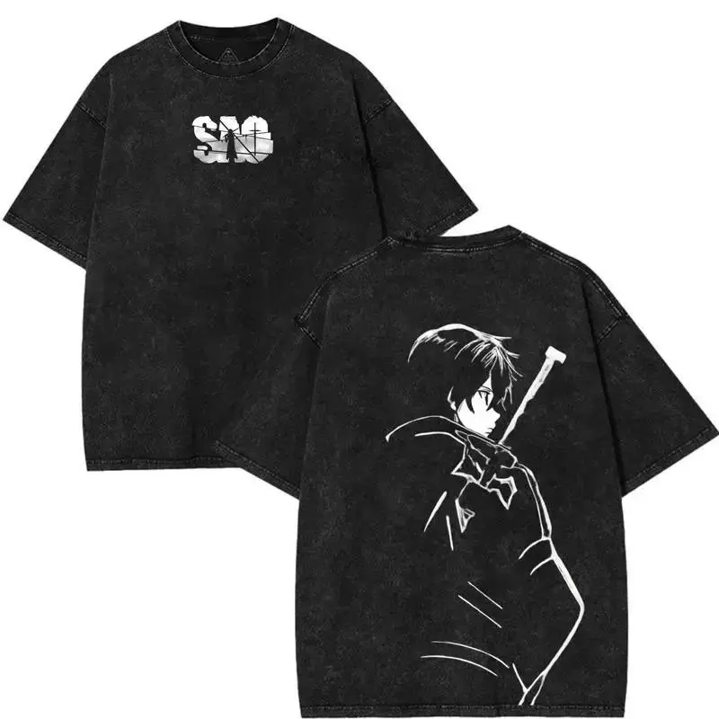 Men's Sword Art Online Kirigaya Kazuto Kirito Print Cotton Oversized Short-Sleeve Crew Neck T-Shirt - High-Quality, Soft, Vintage Distressed Washed, Figure-Flattering Anime Streetwear Top, Casual, Hand Wash Only, Fitted Cut