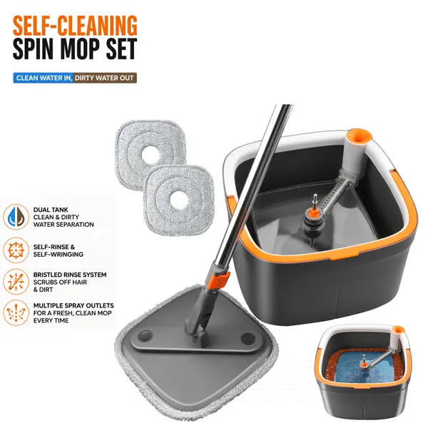 Easy Wring Spin Mop Set Bucket Floor Cleaning System Self Rinse, Clean and Dirty Water Separation Spin Mop Bucket Wall Cleaner Washable Microfiber Mop Pads