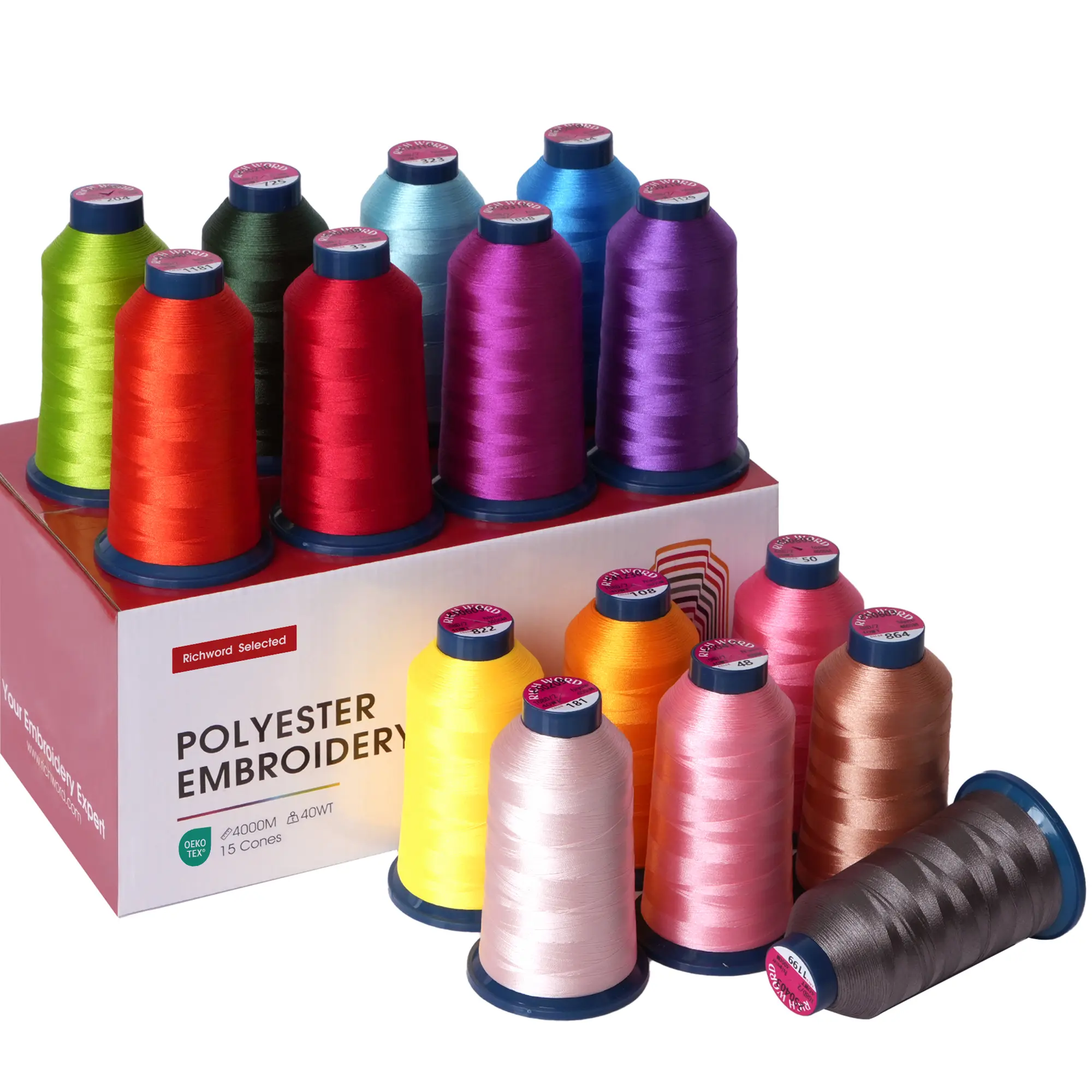 PooLin Richword Embroidery Sewingthread, 40wt 108D/2 Polyester Thread Set, 4000m x 15 Colors for Sewing & Embroidery Machines