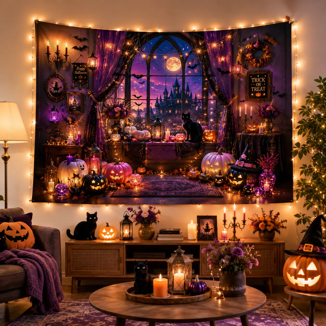 Enchanted Halloween Backdrop - Colorful Pumpkin Moon Forest Photo Booth Decor, Festive Banners & Party Props for Home Supplies, Room