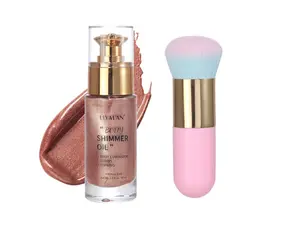 Liyalan Shimmer Body Oil Rose Gold Color 1.0 fl.oz Face Glow Pearl Highlighter Illuminator Long-Lasting Shine Glitter Liquid Tanning with Makeup Brush
