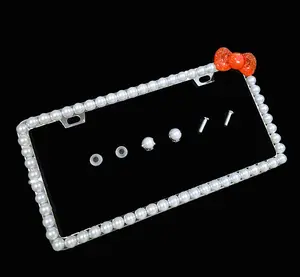Dazzling Addiction 3D Bling License Plate Frame Big Chunky Creamy White Pearls Orenge Red Bow Made in USA Handmade 1 Row Holder Screw Caps Personalizable Customizable Customized Bedazzled Sparkly Shimmering Gift for Girls Women 2 Holes Crystals Diamond