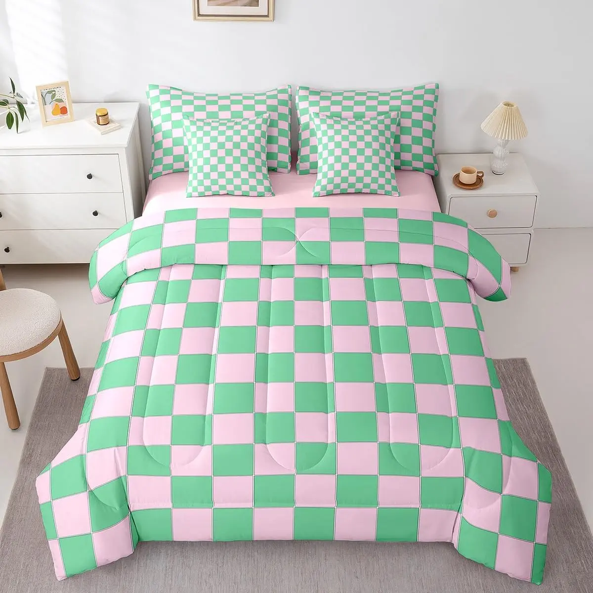 Cute Plaid Comforter Set with Sheets 7 Piece,Pink Green Checkered Bed in A Bag Geometric Checkerboard Bedding Sets,Aesthetic Grid Bed Set with Comforter
