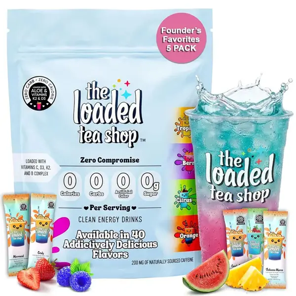 The Loaded Tea Shop Energy Drink Mix Sticks, Founder’s Favorites 5 Pack, Sugar-Free, Zero Calories, 200mg Natural Caffeine, No Artificial Colors/Flavors, Powder Packets w/ B Vitamins - Energy Drink Alternative