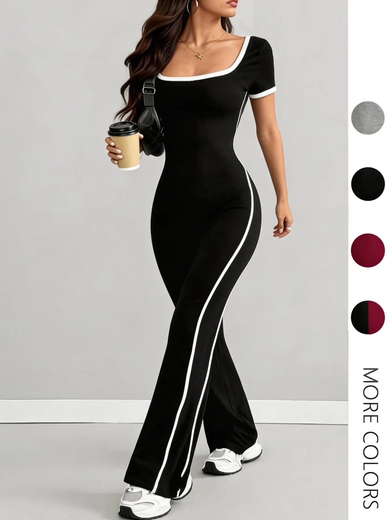 Low Neck U-Neck Striped Slim Fit Workout Jumpsuit, Short Sleeve Micro Flare Patchwork, Casual Spring & Fall Women's Clothing