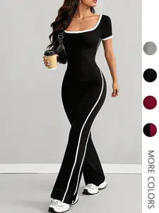 Low Neck U-Neck Striped Slim Fit Workout Jumpsuit, Short Sleeve Micro Flare Patchwork, Casual Spring & Fall Women's Clothing, Stretchable Activewear, Striped Jumpsuits