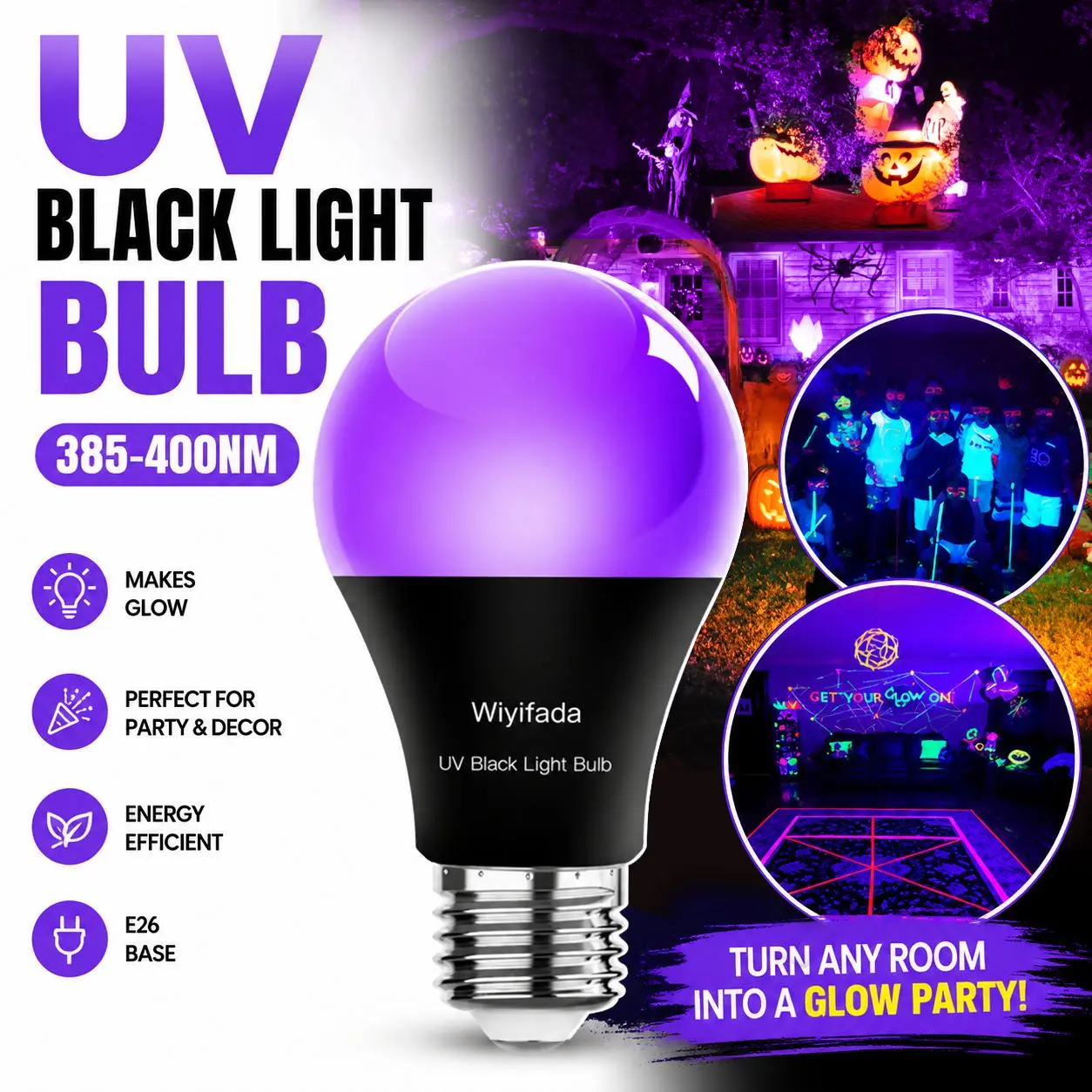UV Black Light Bulb 385–400mm E26 Screw-in for Glow Party, Halloween & Neon Room Decor