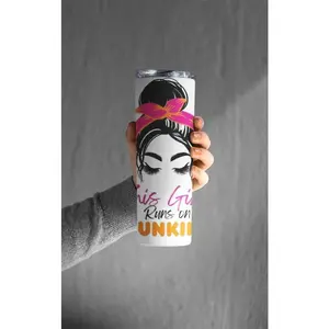 This Girl Runs on Dunkin Insulated Tumbler with Lid and Straw, Reusable Travel Tumbler for Water, Smoothies, and Tea. 20oz Iced Coffee Cup with Lid & Stainless Steel Straw. Drinkware Flasks Mug Drink Insulated Cup Skinny Bottles Water