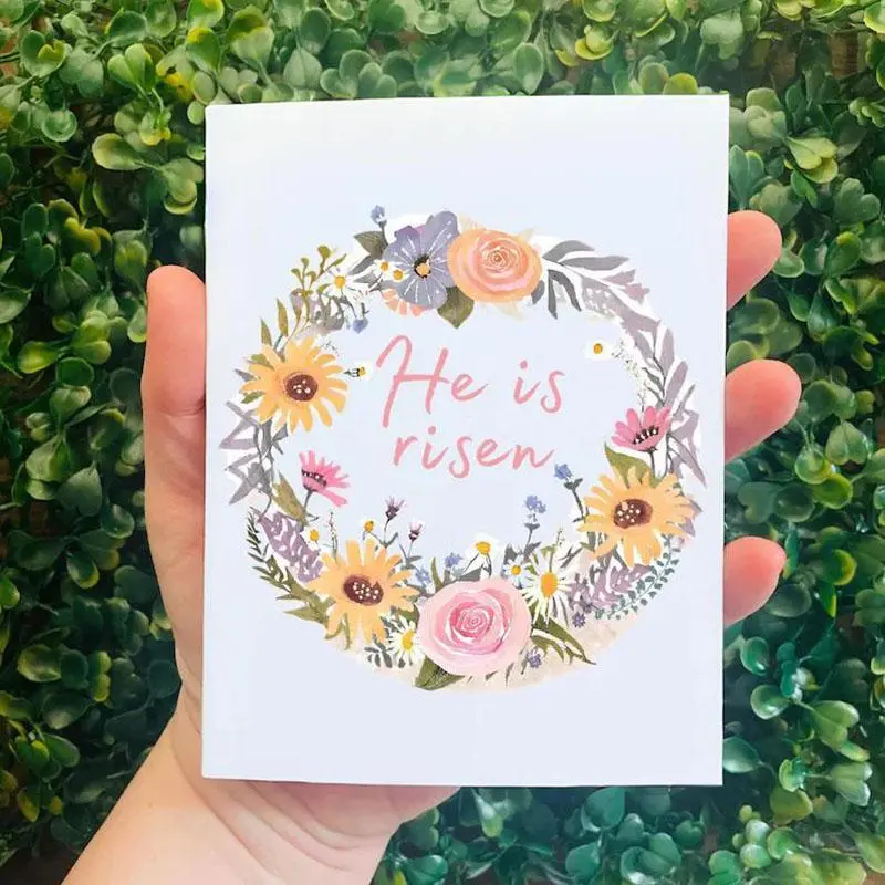 Floral Pattern Christian Easter Card, 1 Count He Is Risen Lettering Greeting Card, Easter Greeting Card for Friends & Family, Easter Gifts
