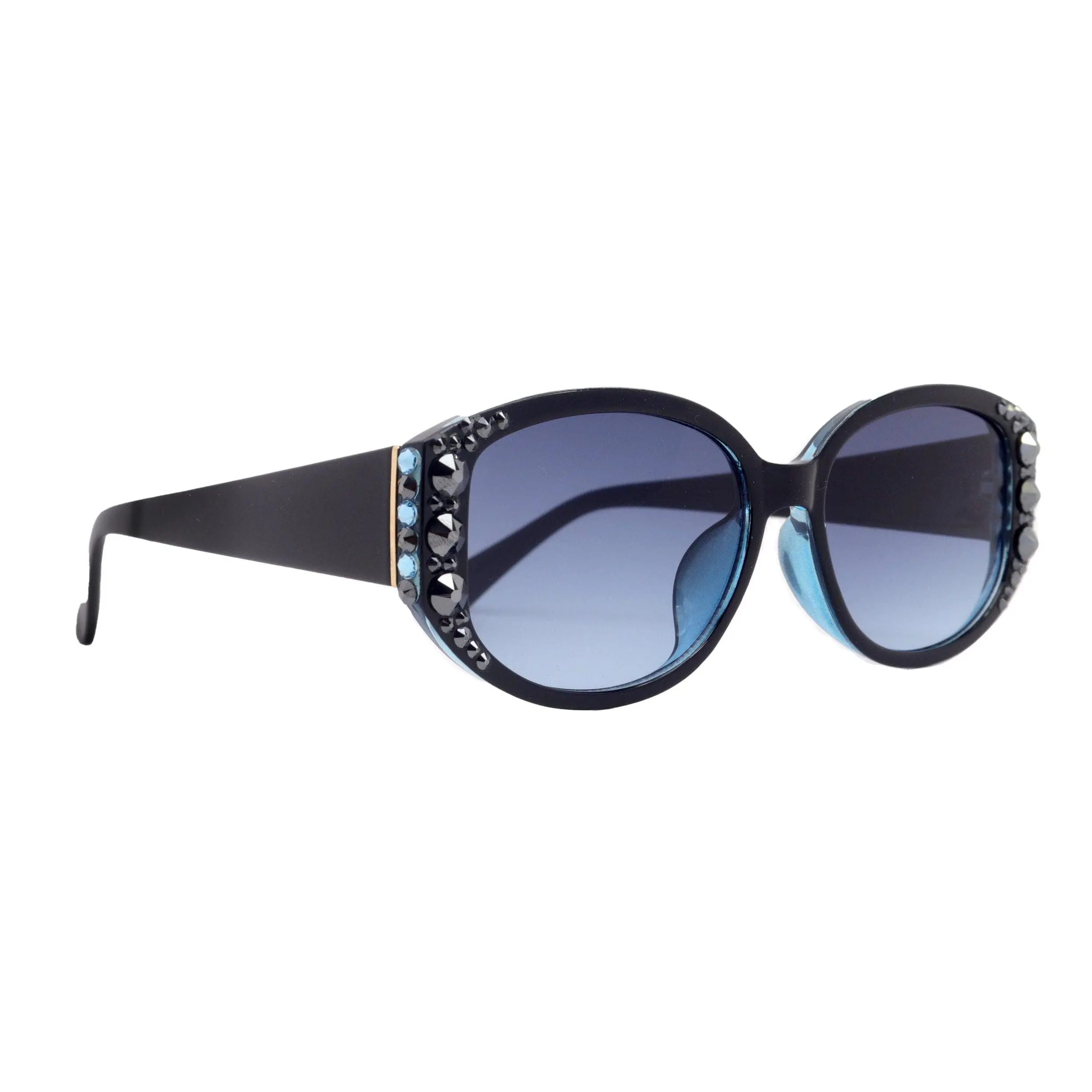 Petunia Bling Women Sunglasses W Hematite and Aquamarine Genuine European Crystals, 100% UV Protection. NY Fifth Avenue
