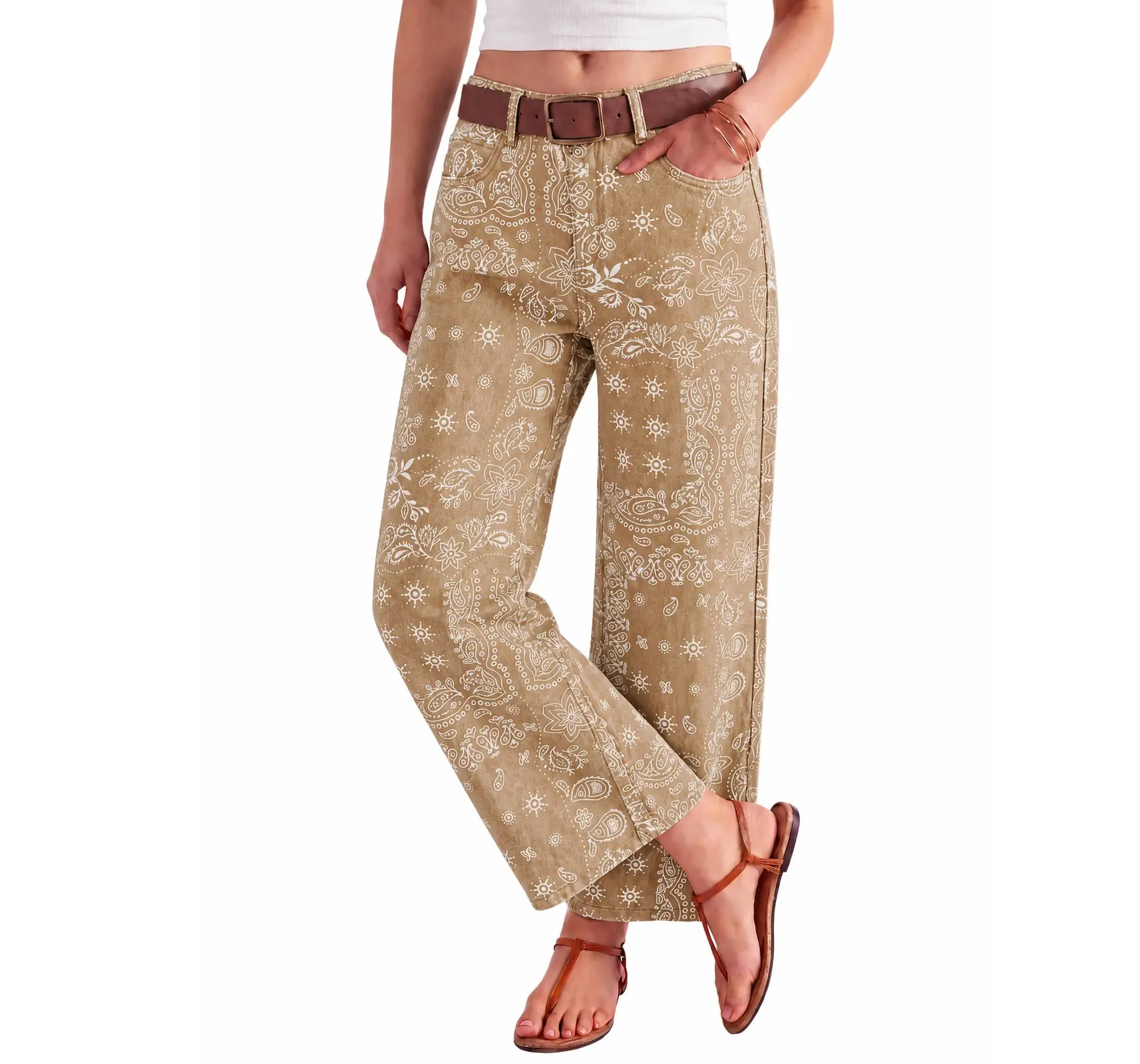 Tankaneo Womens Boyfriend Baggy Jeans Boho Wide Leg High Waist Denim Pants Bandana, Floral Print, Y2k Vintage, Straight Leg, Cotton Sweatpants with Pockets, Patchwork, Trendy Casual, Streetwear