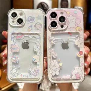 Cartoon bunny-themed card holder phone case, with a back for storing cards and photos, compatible with iPhones, cute design, made of TPU material, shockproof and drop-resistant.