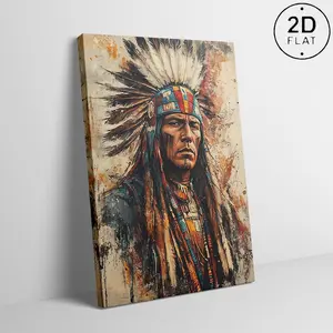2D Flat Earth‑Tone Headdress Design Wall Art, Wooden Framed Traditional Native American Apache Warrior Canvas Painting, Ready‑to‑Hang Farmhouse Decor for Living Room and Bedroom