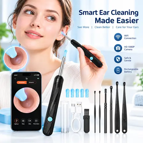 1080P HD Camera Earwax Removal Kit, Ear Wax Remover with Silicone Ear Spoons, 6-Piece Set, USB Rechargeable Dual Power, WiFi Connect, Safe Gentle Ear Care Tool