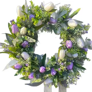 17.7 inch indoor and outdoor decorative countryside farmhouse spring wreath, wildflowers and grape vine base - colorful door and wall decoration for seasonal weddings and festivals indoors/outdoors, artificial decoration, woven spring wreath Bouquet