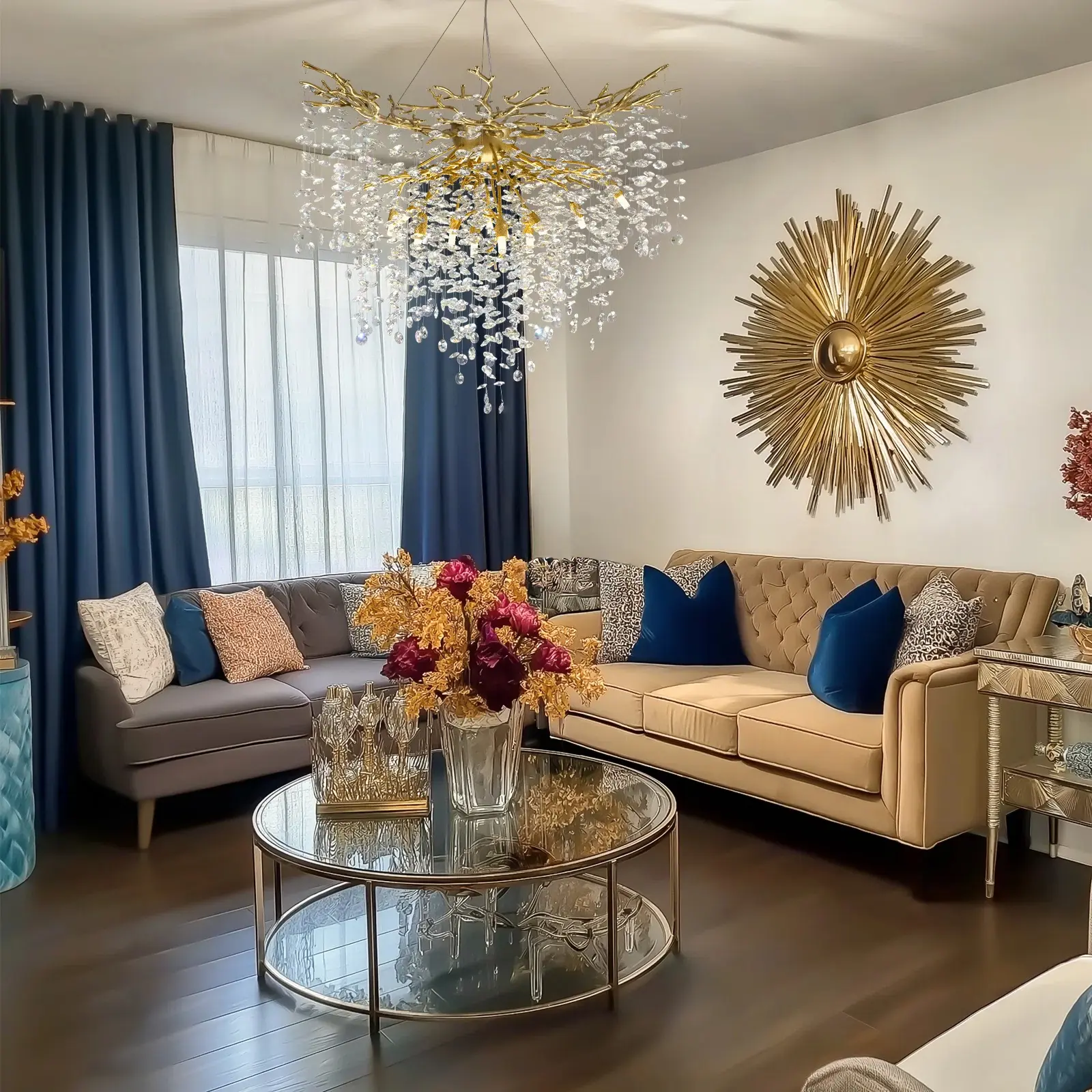 39 in. 12-Light Adjustable Chandelier with Crystal Decoration, Modern Gold Kitchen Island Chandelier, for Living Room