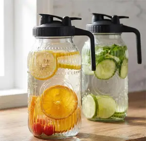 2 Pack 64 oz 2 Quart Sunflower Glass Mason Jar Pitcher with Lid, Wide Mouth Flip Cap Pour Spout Leak-proof Lid with Handle for Sun Tea/Iced Tea/Juice/Cold Brew Coffee/Milk, Drinkware