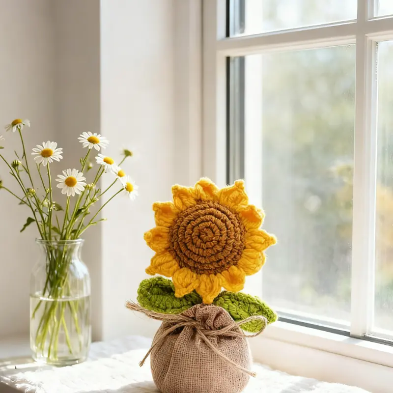 1Pc Handmade Crochet Sunflower Potted Plant - Handmade Crochet Bouquet, Vibrant Faux Flowers, Non-Wilting Desk Decor, Mini Cute Home & Kitchen Accessory, Encouragement Birthday/Christmas Gift