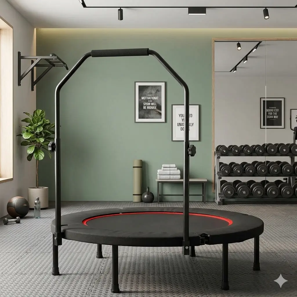 SAVEYOUR 40 in Foldable Fitness Trampoline - Indoor Home Workout Rebounder with Premium N-Shape Adjustable Handle, 30 Bungees (No Springs), ASTM Certified, Patented Structure, Jump Mat Fi, Foldable Rebounder Trampoline, Adjustable Bar