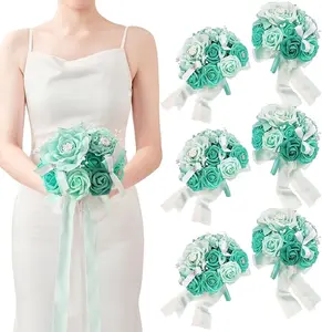 TINGE TIME 7 Inch Teal Green Wedding Bouquets for Bridesmaid, Set of 6, Artificial Flowers Cascading Bridal Bouquet for Wedding Ceremony Anniversary, Bridal Shower and French Rustic Vintage Wedding Props Ornaments