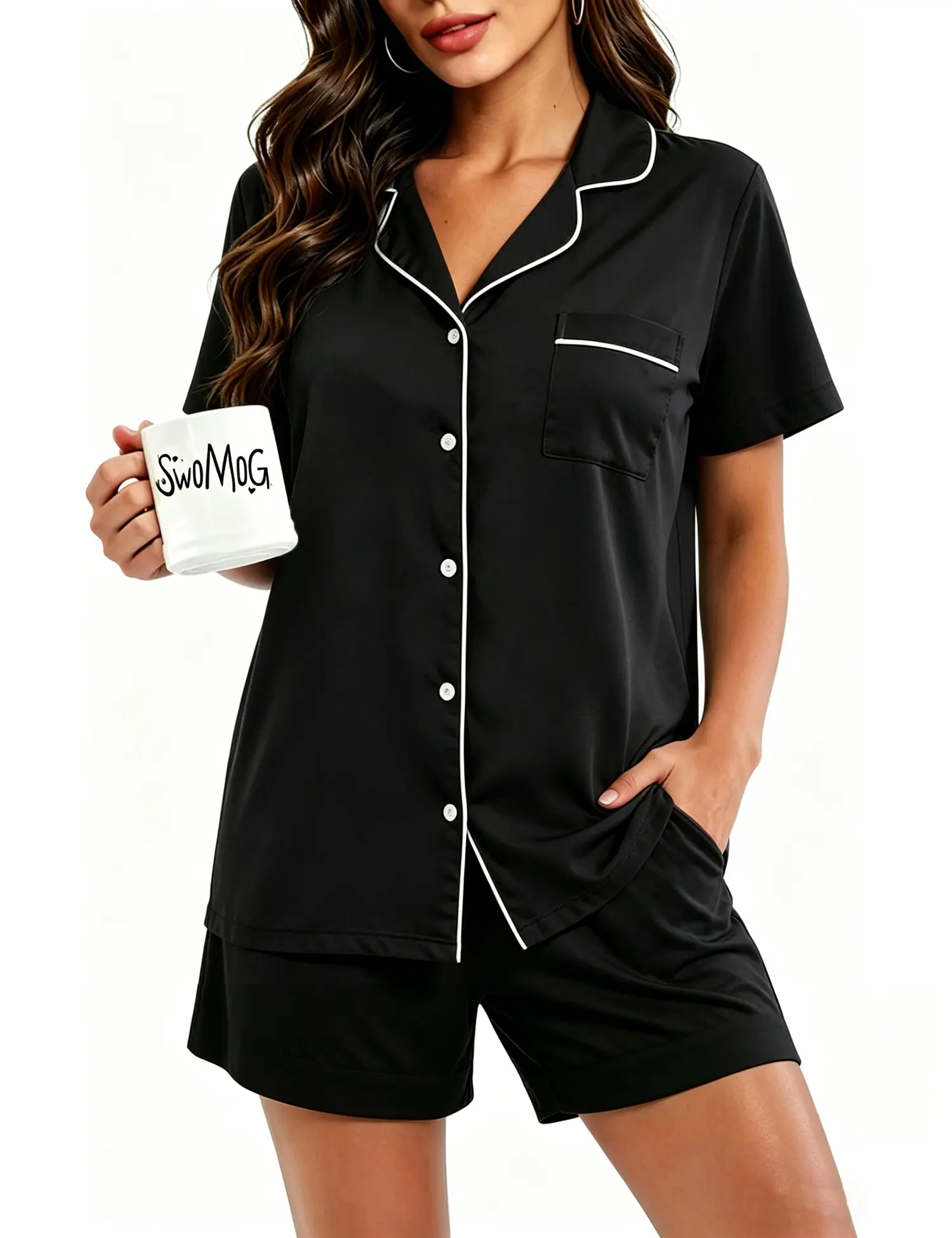 SWOMOG Women's 2-Piece 100% Cotton Pajama Set, Elegant Button Down Lounge Set with Pockets, Lightweight Bridal & Nursing Essential, Matching, Basic, Casual, Nightwear, Pajamas Sets, Relaxed Fit