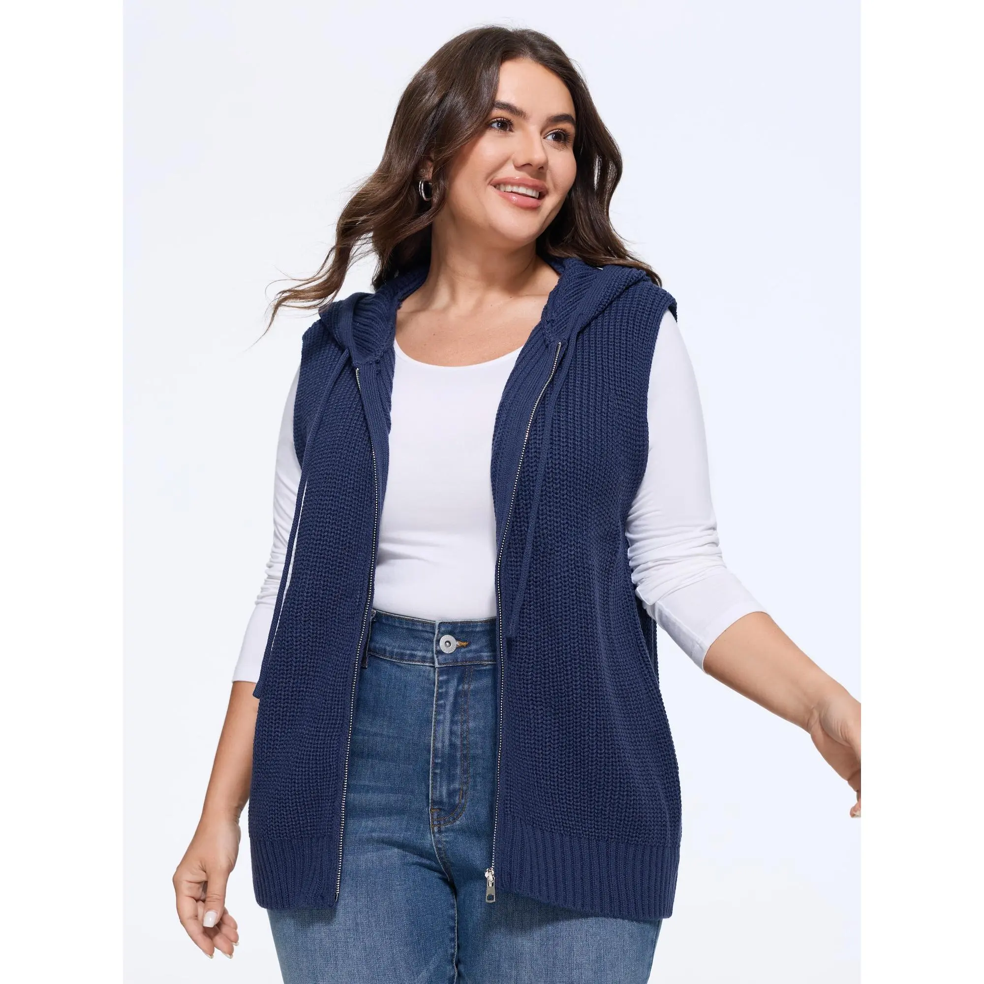 BLOOMCHIC Plus Size Textured Full Zip Drawstring Hooded Sweater Vest[M-6X] Back To School,Spotlight Day