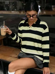 Women's Vintage Striped Polo Shirt, Loose Fit Long Sleeve Top, Womenswear, Casual Y2K Style, College Wind, Boxing Day Sale