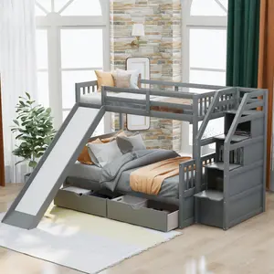 Twin Over Full Bunk Bed with Stairs and Slide, Solid Wood Bunk Bed Frame with Storage Drawers