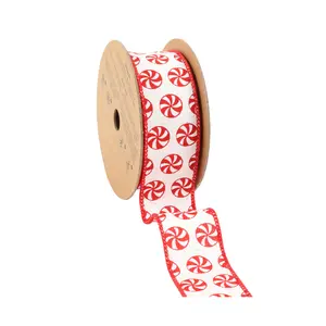 1 1/2" Wired Ribbon | All Over Peppermint on White Glitter | 10 Yard Roll  wreath making Christms tree decor