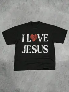 Y2K Style Unisex Vintage Christian "I Love Jesus" slogan print Tee, Round Neck Short Sleeve Fitted T-Shirt, Streetwear Fashion Faith Culture, Comfortable Casual Wear