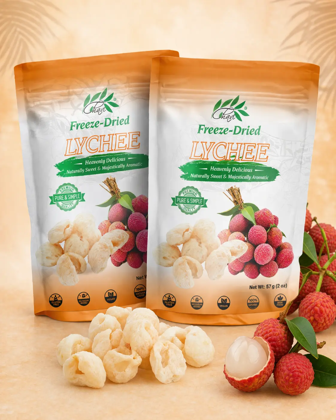 CHAVI Freeze-Dried Lychee Dried Fruit Snacks, Pack of 2 (4 oz Each) - Healthy Superfood, Naturally Sweet, No Added Sugars/Preservatives, Non-GMO, Vegan, Gluten-Free, Freeze-Dried Dried Fruit