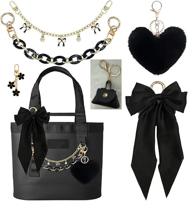 6-pcs black bag decoration set, including decorative chains, plush heart-shaped keychains, flower decorations, and bows, suitable for tote bags, shoulder bags, crossbody bags, keychains, or car decorations, suitable for daily use and gift giving