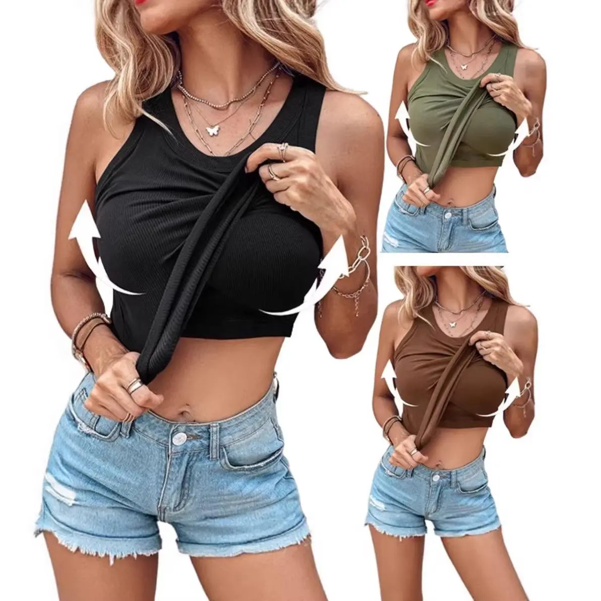 Women's Ribbed Racerback Crop Tank Top with Built-in Bra - Sporty Chic, Sleeveless Crew Neck, Stretch Fitted Camisole, 9 Colors for Daily Casual Workout Layering