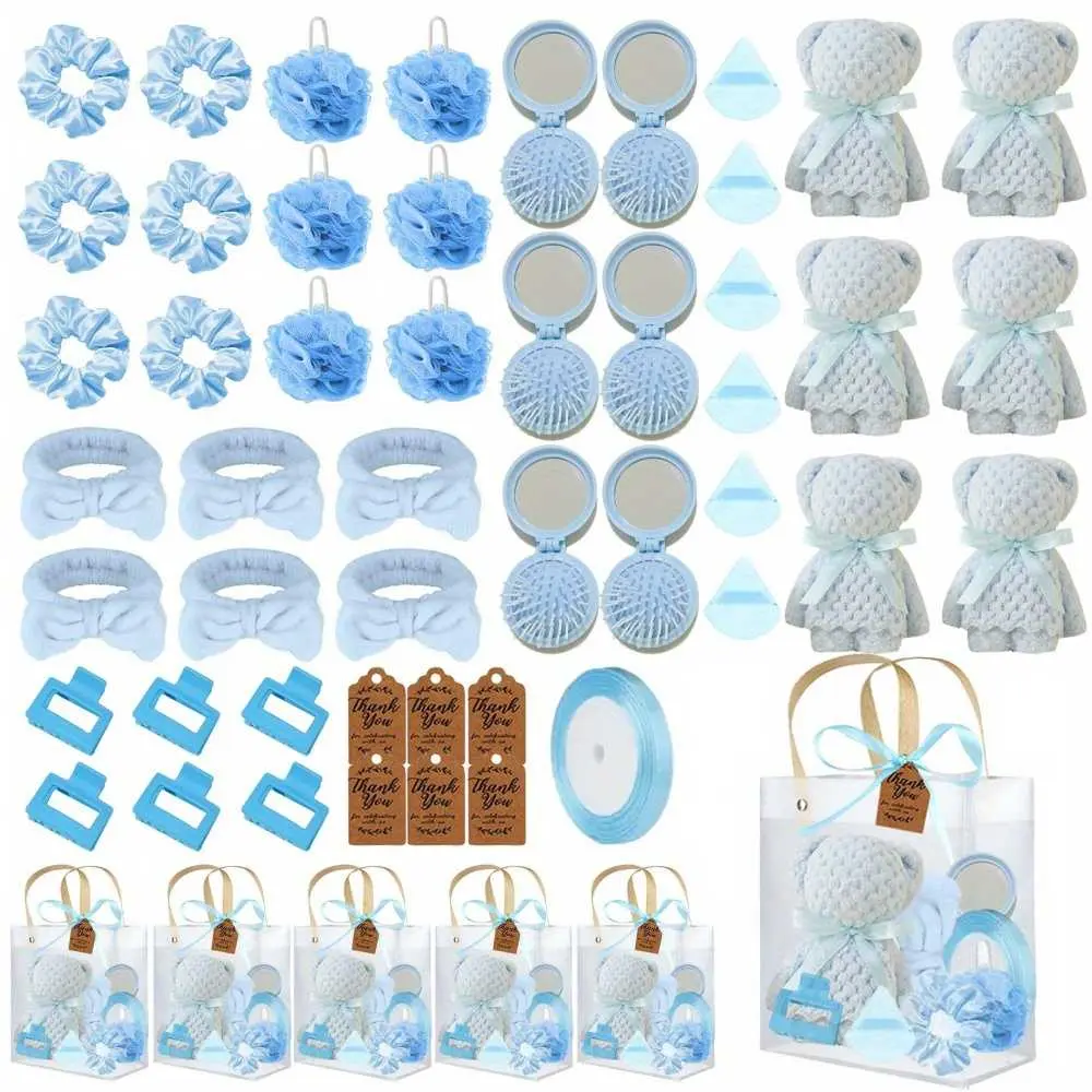 55Pcs Baby Shower Game Prize Party Favor Set, including Hair Clips, Powder Puffs, Mirror Combs, Bow Headbands, Loofah Sponge Pouf, Scrunchie, Mini Bear Towels, Ribbon, ThankYou Tags, Gift Bags, Gender Reveal Party Bridal Shower Birthday Party Supplies