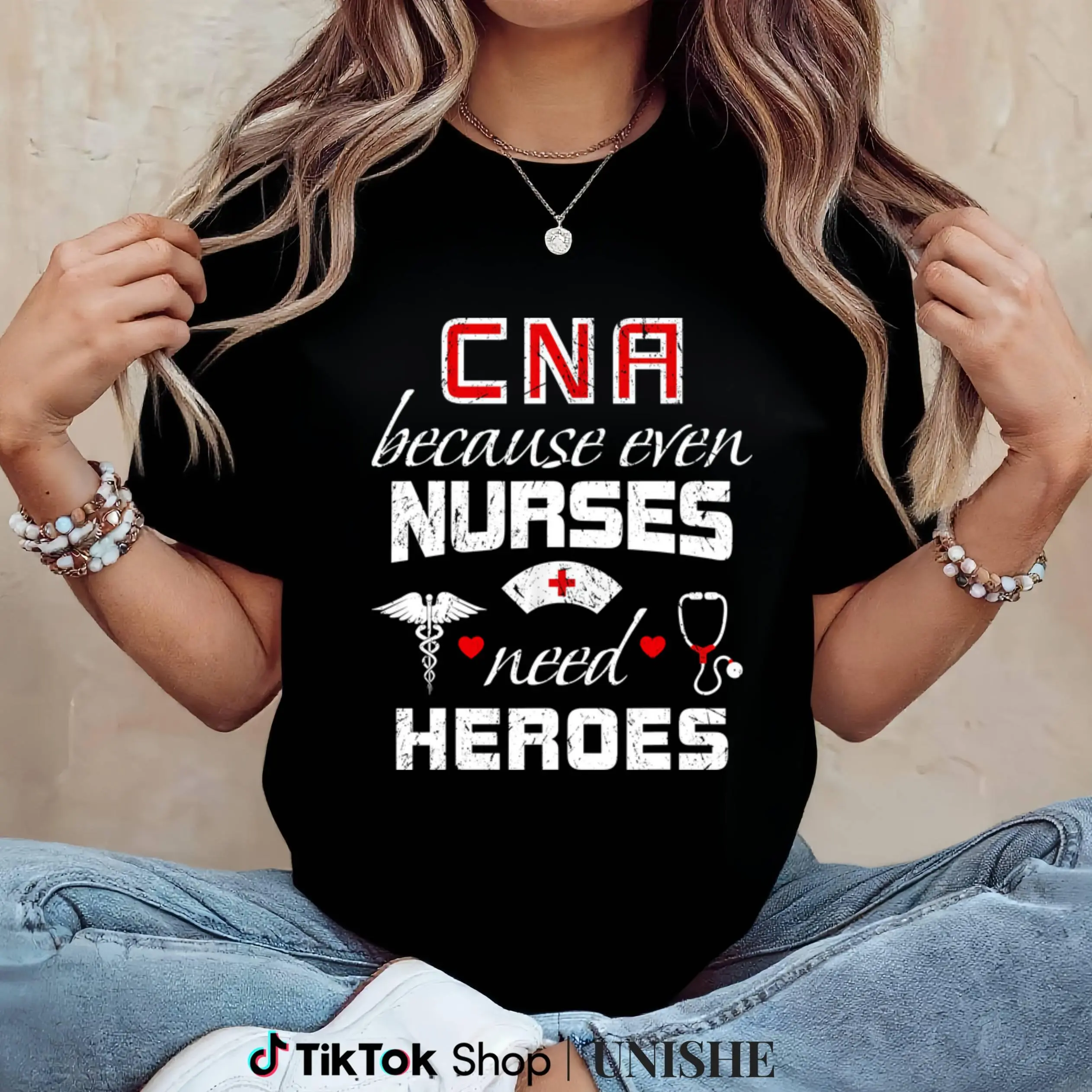 Women's CNA Cotton Short-Sleeve Round Neck T-Shirt - Seamless, Casual Nurse Humor Digital All-Over Print Sports Top for Everyday Heroes, All Seasons, Shortsleeve