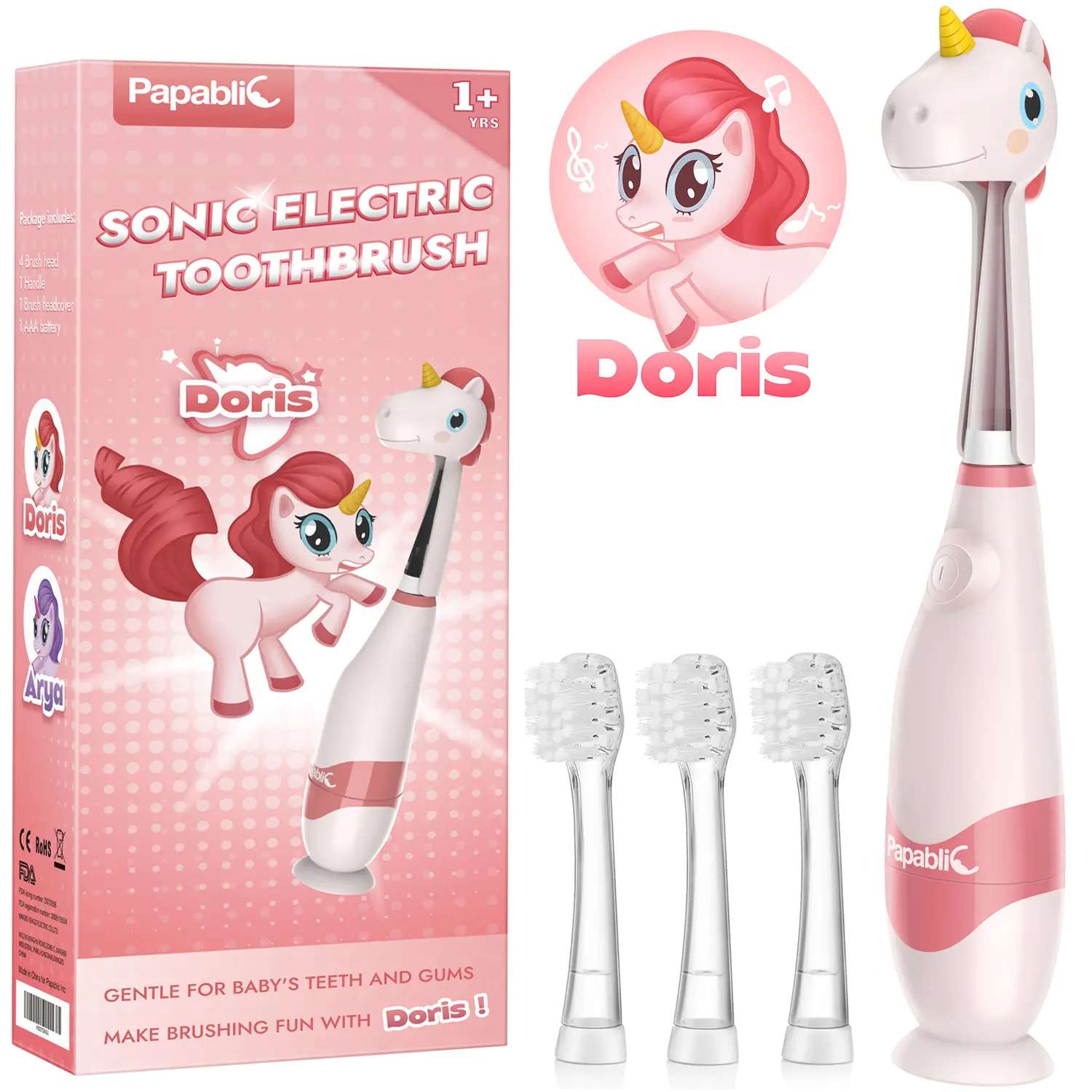 Papablic Doris Unicorn Sonic Electric Toothbrush Kit - Lightweight Toddler Teeth Cleaner for Ages 1-3, Ergonomic Design with LED Light, Smart Timer, 4 Brush Heads, Gentle Cleansing for Gum Health,dorm essentials