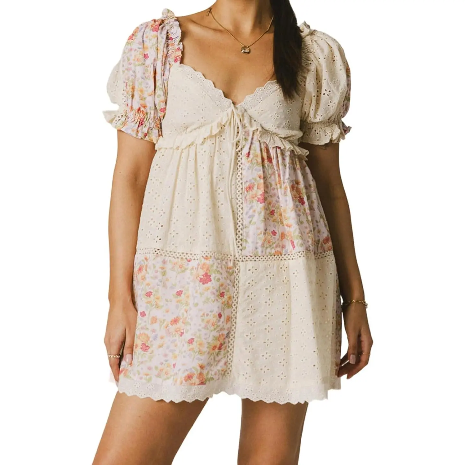 Women Floral Patchwork Babydoll Dresses Puff Sleeve V Neck A Line Cute Mini Dress Flowy Y2k Sundress for Teens