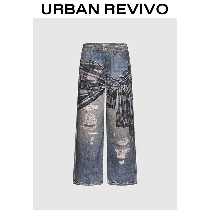 URBAN REVIVO Paneled Ripped Denim Jeans (UYV850082) - 2025 Women's Mid Waist Bottoms, Streetwear Grunge Decorated Modern Bottoms, Versatile Casual Women's Clothes, Mid Waist Jeans, Patchwork Jeans